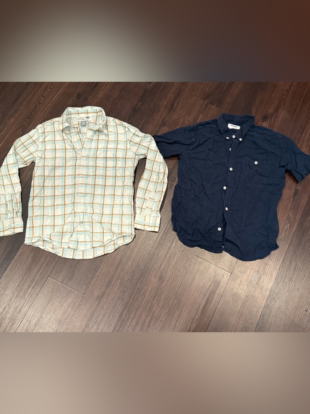 Old Navy Navy Button-Down and Cream Plaid Button-Up Shirt Set